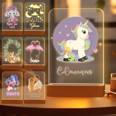 Greaxid Personalized Night Light for Kids Custom Engraved Name Acrylic LED Lights with Wood Base for Nursery Bedroom Decor Night Lamp, Customized Birthday Gifts for Boy and Girl,Unicorn