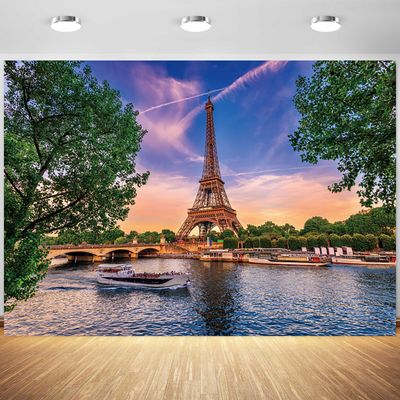 15x10ft Eiffel Tower Backdrop Paris Cityscape Bridge Lake Outdoor Scene Photography Background Honeymoon Travel Wedding Decoration Adults Portrait Supplies Photo Booth Props