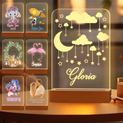 Greaxid Personalized Night Light for Kids Custom Engraved Name Acrylic LED Lights with Wood Base for Nursery Bedroom Decor Night Lamp, Customized Birthday Gifts for Boy and Girl,Cloud