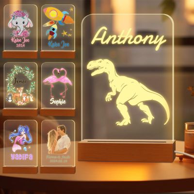 Greaxid Personalized Night Light for Kids Custom Engraved Name Acrylic LED Lights with Wood Base for Nursery Bedroom Decor Night Lamp, Customized Birthday Gifts for Boys and Girl,Dinosaur