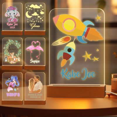 Greaxid Personalized Night Light for Kids Custom Engraved Name Acrylic LED Lights with Wood Base for Nursery Bedroom Decor Night Lamp, Customized Birthday Gifts for Boy and Girl,Rocket