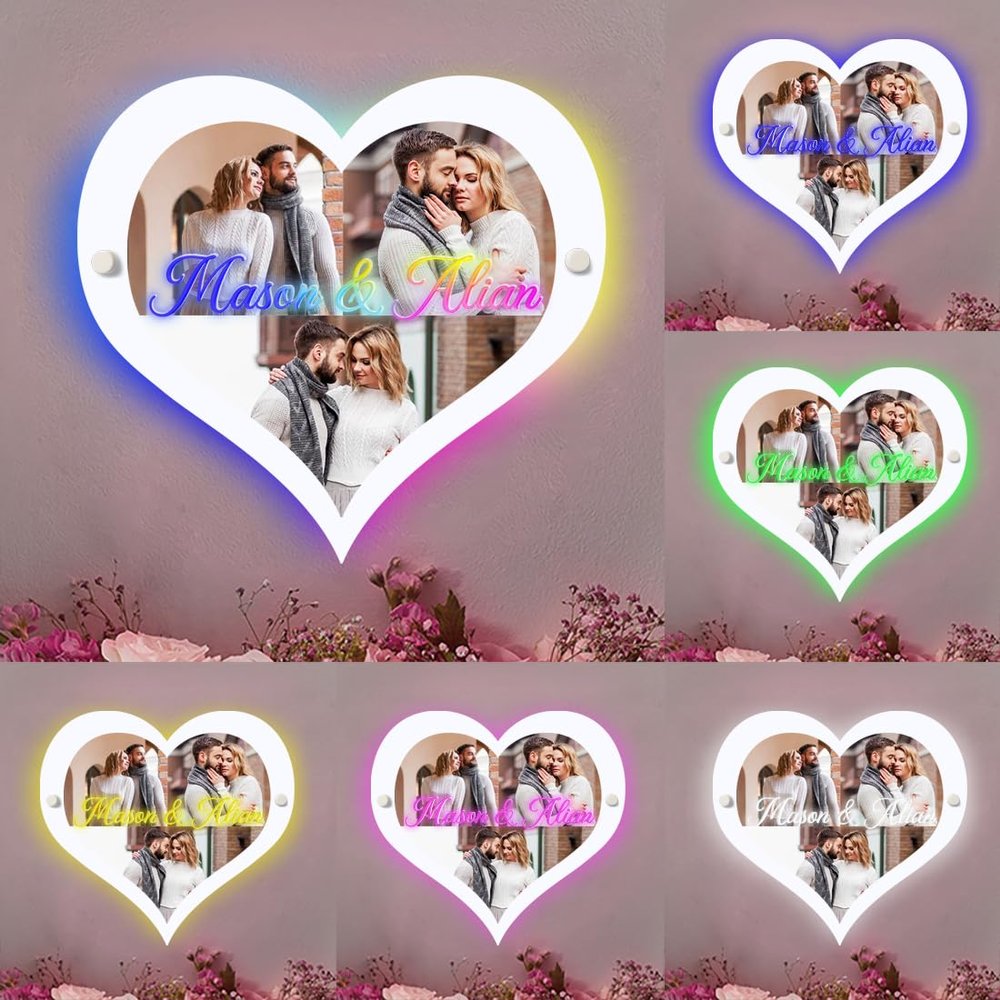 Personalized Acrylic Photo Collage Wall Lights with 1-6 Photos Heart Photo Neon Sign Valentine's Day Birthday Home Decor Gift for Lover Girlfriend Wife Couple (Heart Acrylic Photo Wall Light - 2)