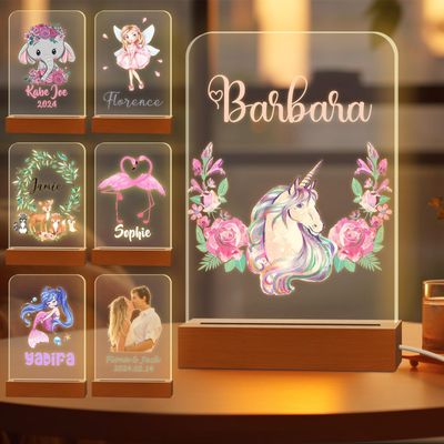 Greaxid Personalized Night Light for Kids Custom Engraved Name Acrylic LED Lights with Wood Base for Nursery Bedroom Decor Night Lamp, Customized Birthday Gifts for Boy and Girl,UnicornFlower