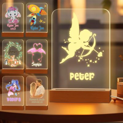 Personalized Night Light for Kids Custom Engraved Name Acrylic LED Lights with Wood Base for Nursery Bedroom Decor Night Lamp, Customized Birthday Gifts for Boy and Girl,Cupid