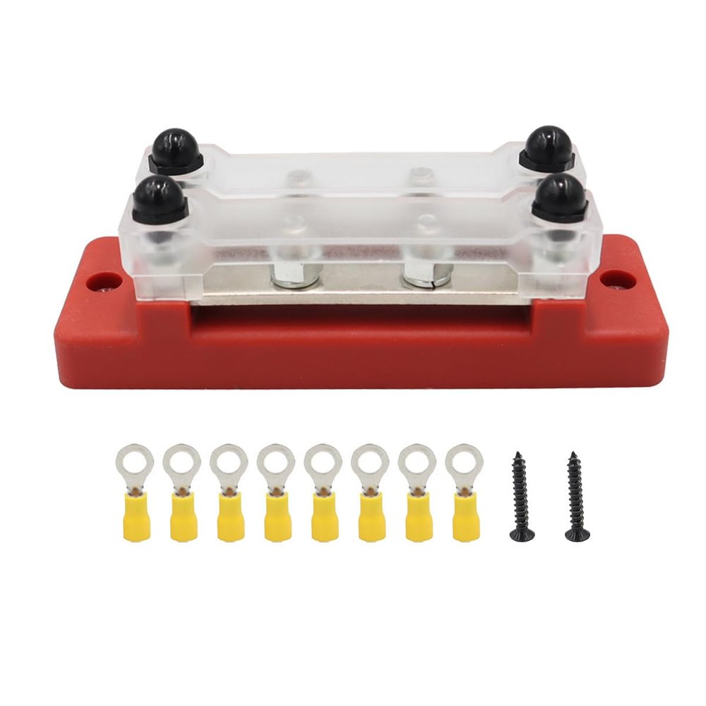 Power Distribution Block Bus Bar Double Row with Cover and Ring Terminals for Boat/Car/RV/Yacht, 4 x M6 Screws Terminals, Max 48V 150A (Red)