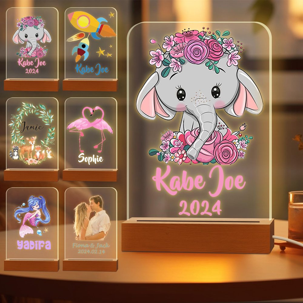 Greaxid Personalized Night Light for Kids Custom Engraved Name Acrylic LED Lights with Wood Base for Nursery Bedroom Decor Night Lamp, Customized Birthday Gifts for Girls,Elephant