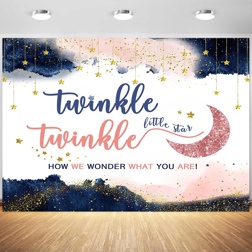 12x8ft Twinkle Twinkle Little Star Backdrop Navy Blue Pink Moon Stars Gender Reveal Photography Background Gender Reveal Party Banner Decorations Supplies Photo Booth Props