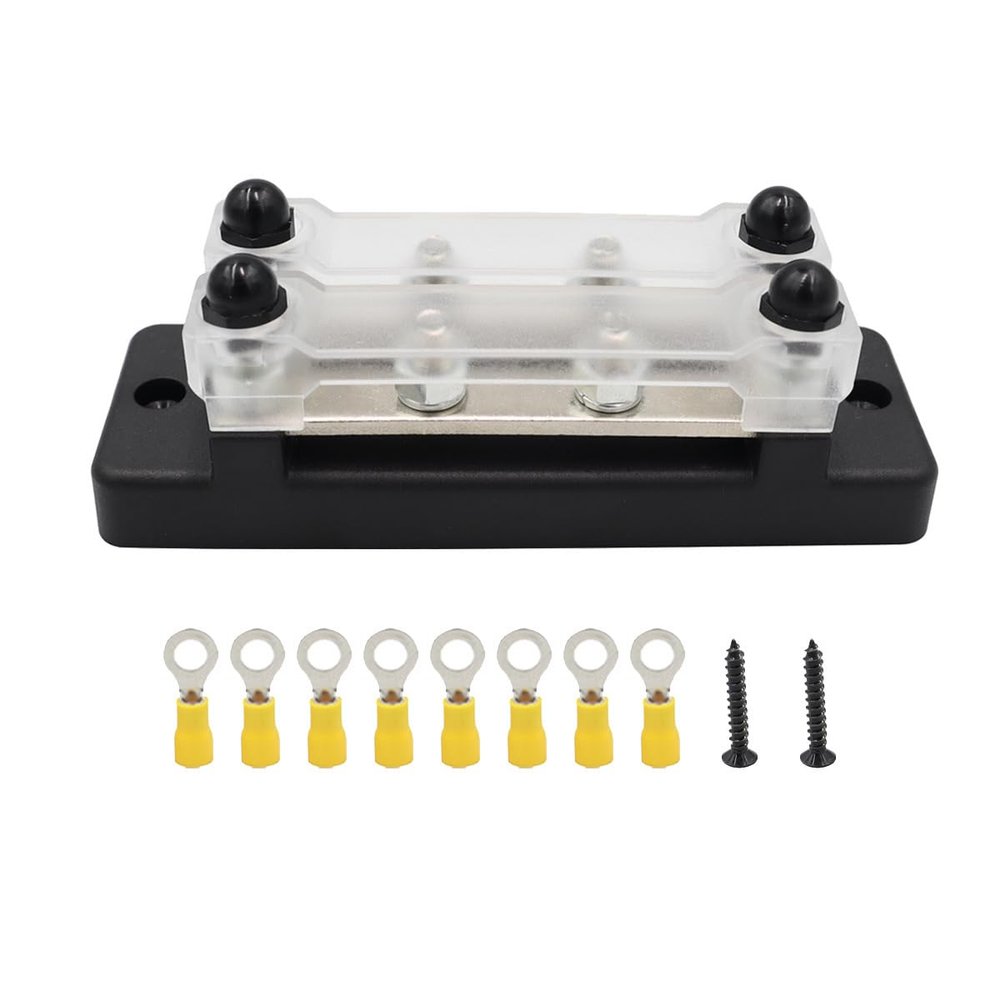Power Distribution Block Bus Bar Double Row with Cover and Ring Terminals for Boat/Car/RV/Yacht, 4 x M6 Screws Terminals, Max 48V 150A (Black)