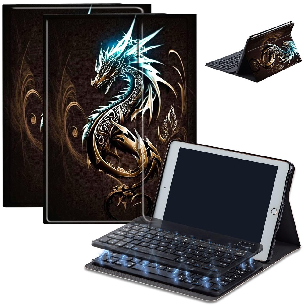 AIRWEE Case for Amazon Fire HD 10 & 10 Plus Tablet (13th/11th Generation, 2023/2021 Release) 10.1" with Keyboard, PU Leather Multiple-Angles Keyboard Case for Amazon Fire Tablet 10, Cool Dragon