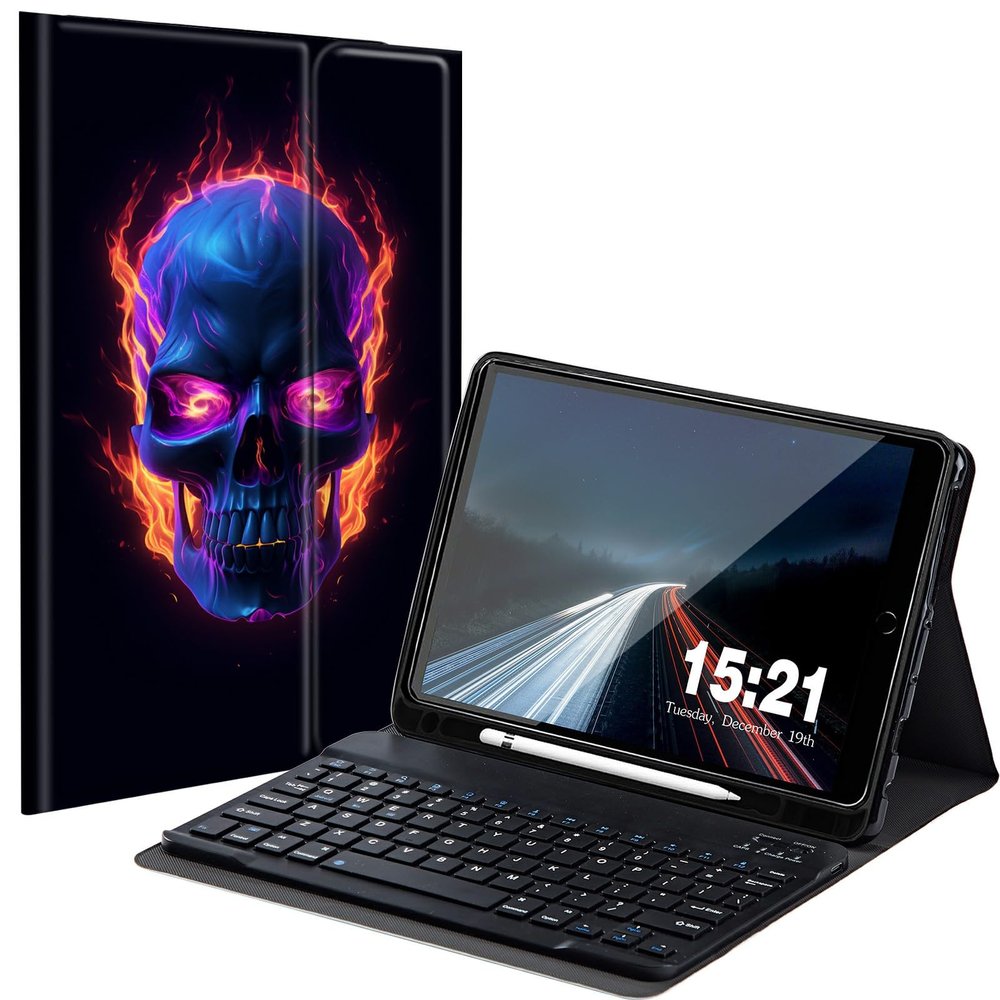 BREIDMKFM Keyboard Case for iPad 9th/8th/7th Generation 10.2" with Pencil Holder, Detachable Wireless Bluetooth Keyboard Tablet Cover for iPad Air 3 2019/Pro 10.5 10.5", Fire Skull