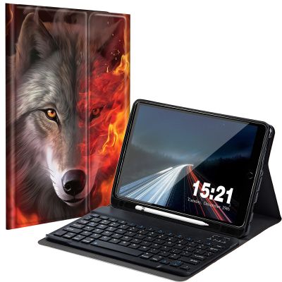 BREIDMKFM Keyboard Case for iPad 9th/8th/7th Generation 10.2" with Pencil Holder, Detachable Wireless Bluetooth Keyboard Tablet Cover for iPad Air 3 2019/Pro 10.5 10.5", Fire Wolf