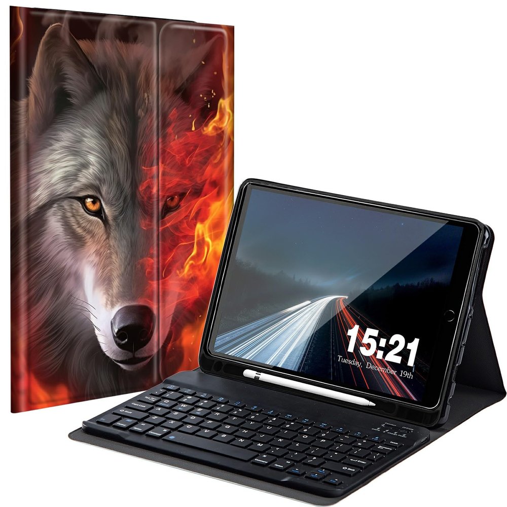 BREIDMKFM Keyboard Case for iPad 9th/8th/7th Generation 10.2" with Pencil Holder, Detachable Wireless Bluetooth Keyboard Tablet Cover for iPad Air 3 2019/Pro 10.5 10.5", Fire Wolf