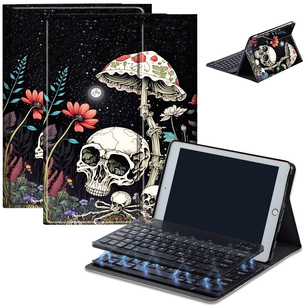Case for Amazon Fire HD 10 & 10 Plus Tablet (13th/11th Generation, 2023/2021 Release) 10.1" with Keyboard, PU Leather Multiple-Angles Keyboard Case for Amazon Fire Tablet 10, Mushroom Skull