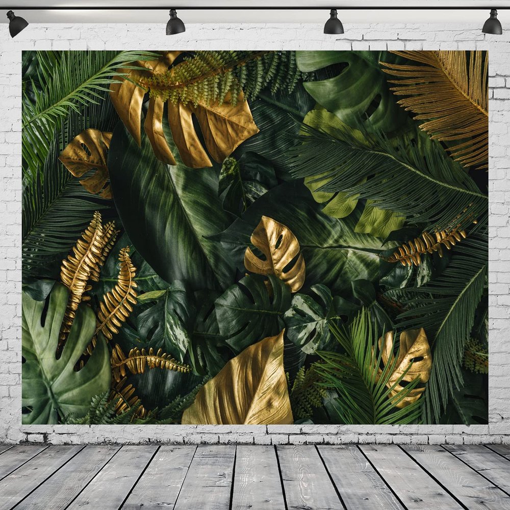 BELECO 15x10ft Fabric Tropical Leaves Backdrop Gold and Green Leaves Palm Leaves Nature Forest Backdrop Jungle Safari Summer Luau Hawaiian Party Decorations Birthday Wedding Photoshoot Studio Props