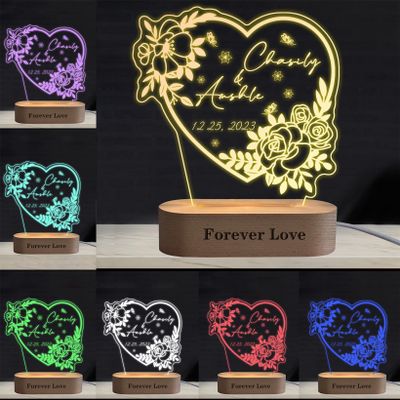 Dertacoa Personalized Heart Acrylic Night Light Custom Couple Name Date Flower Lamp with Wood Base Engraved Text Name Couples Home Gifts for Men Women Him Her Lover Girlfriend Wife Boyfriend