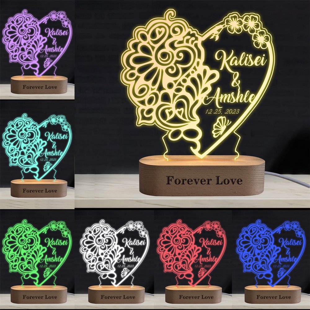 Personalized Heart Acrylic Night Light Custom Couple Name Flower Lamp with Wood Base Engraved Text Name Couples Valentines Day Home Gifts for Men Women Him Her Lover Girlfriend Wife Boyfriend
