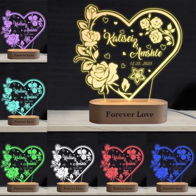 Personalized Heart Acrylic Night Light Custom Couple Name Date Flower Lamp with Wood Base Engraved Text Name Couples Valentines Day Home Gifts for Men Women Him Her Lover Girlfriend Wife Boyfriend