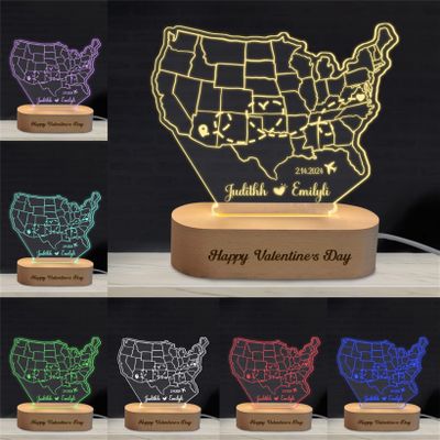 Personalized US Map Night Light for Couple Custom Name Date Acrylic Lamp with Wood Base Valentines Day Long Distance Map Couple Memory Gift Lover Girlfriend Wife Men Women Him Her Boyfriend Men