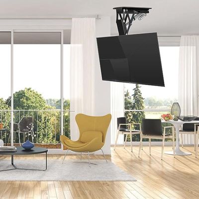 QICBYING Motorized Ceiling TV Mount, Hidden Drop Down TV Lift, Telescopic Electric TV Lift with Auto Lifting, 0-85 Flip Down, Fits 32-70 Inch TVs Motorized TV Stand