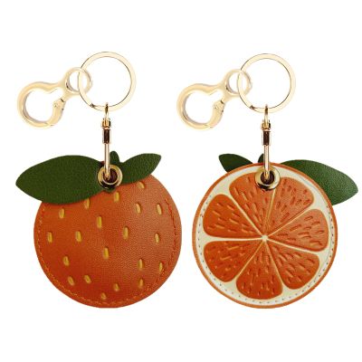 BORKUANA Leather Keychain Holder Case Compatible with Apple AirTag, Cute Protective Air Tag Cover with Keychain Ring, Anti-Scratch Finder GPS Tracker Case for Wallet Keys(Orange-B)