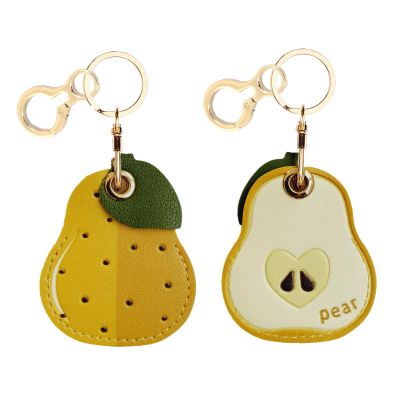BORKUANA Leather Keychain Holder Case Compatible with Apple AirTag, Cute Protective Air Tag Cover with Keychain Ring, Anti-Scratch Finder GPS Tracker Case for Wallet Keys(Yellow pear)