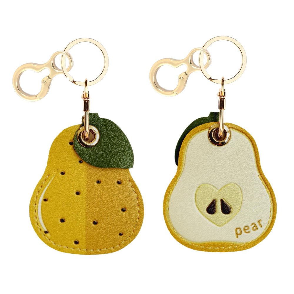 BORKUANA Leather Keychain Holder Case Compatible with Apple AirTag, Cute Protective Air Tag Cover with Keychain Ring, Anti-Scratch Finder GPS Tracker Case for Wallet Keys(Yellow pear)