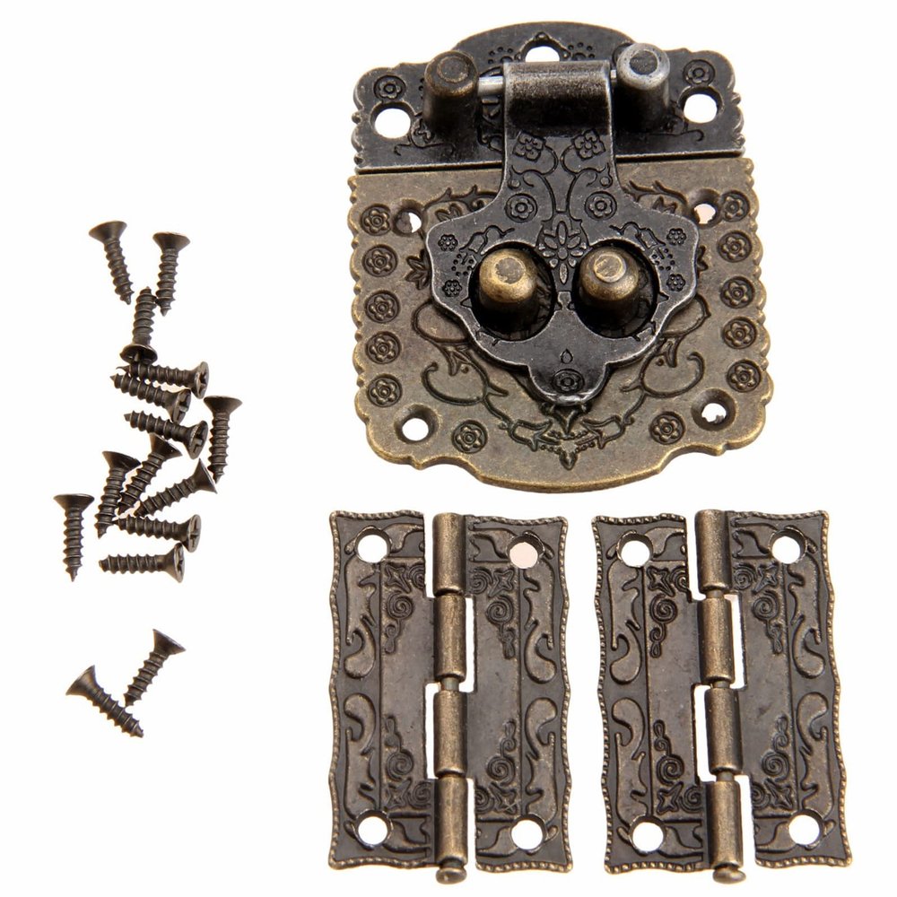 2Pcs Antique Bronze Furniture Wooden Box Hinge + 1pcs Brass Hardware Antique Bronze Wooden Box Cabinet Toggle Latch Hasp.