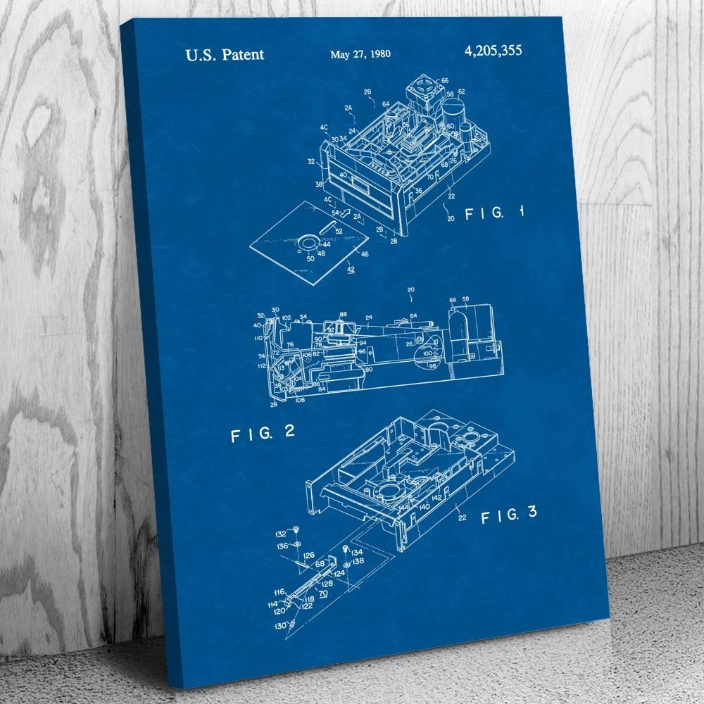 Patent Earth Floppy Disk Drive Canvas Print, Computer Science Art, Programmer Gift, Disk Drive Art Print, Computer Lab Art Blueprint (11 inch x 17 inch)