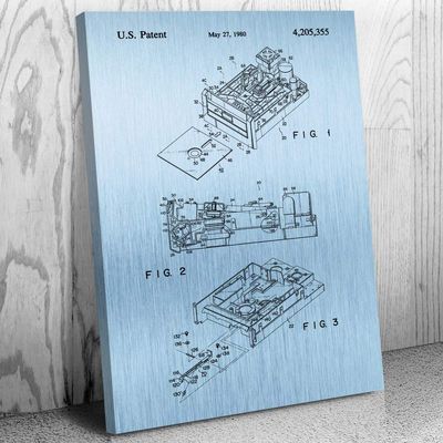 Patent Earth Floppy Disk Drive Canvas Print, Computer Science Art, Programmer Gift, Disk Drive Art Print, Computer Lab Art Blue Steel (9 inch x 12 inch)