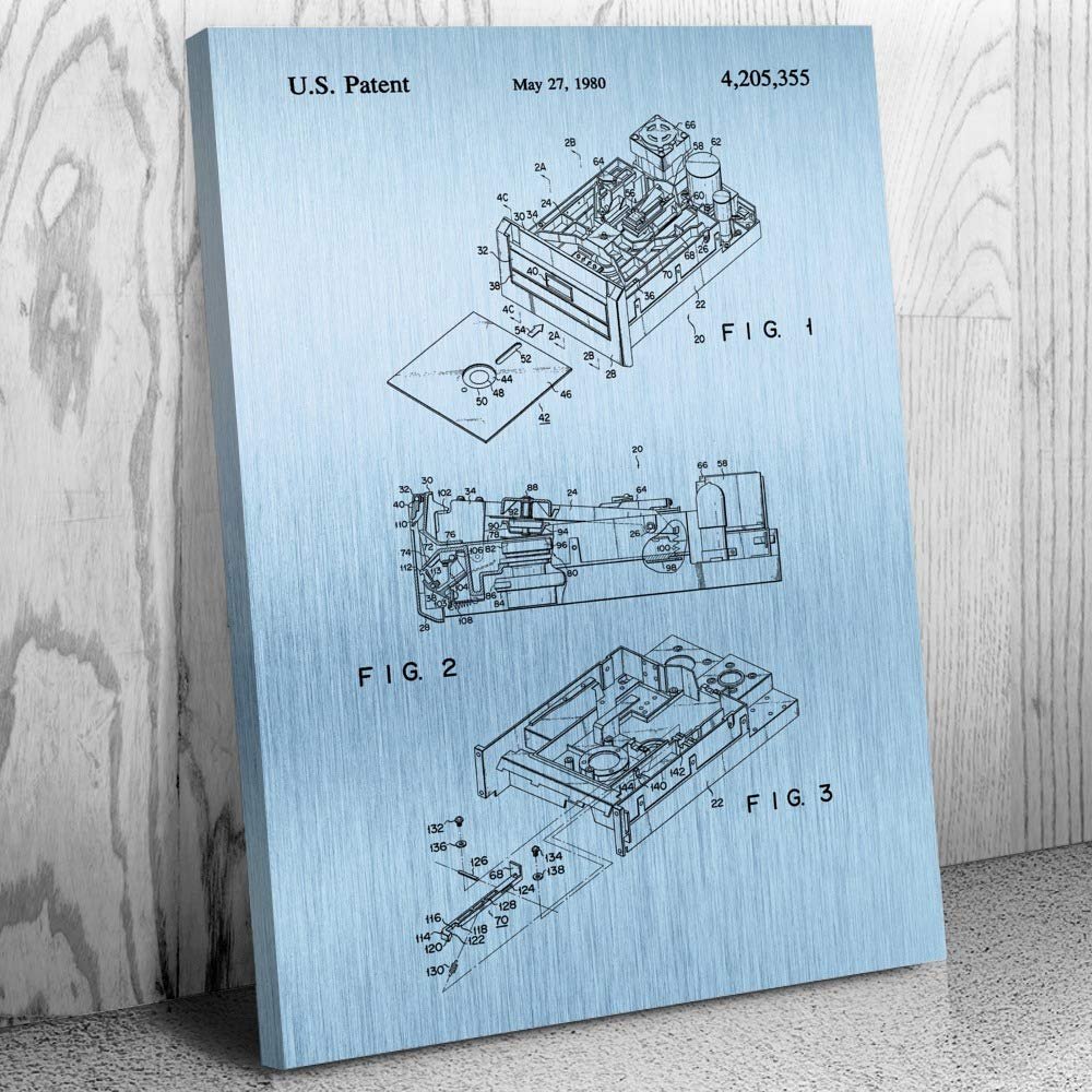 Patent Earth Floppy Disk Drive Canvas Print, Computer Science Art, Programmer Gift, Disk Drive Art Print, Computer Lab Art Blue Steel (8 inch x 10 inch)