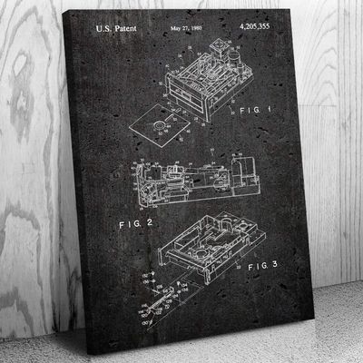 Patent Earth Floppy Disk Drive Canvas Print, Computer Science Art, Programmer Gift, Disk Drive Art Print, Computer Lab Art Dark Concrete (12 inch x 18 inch)