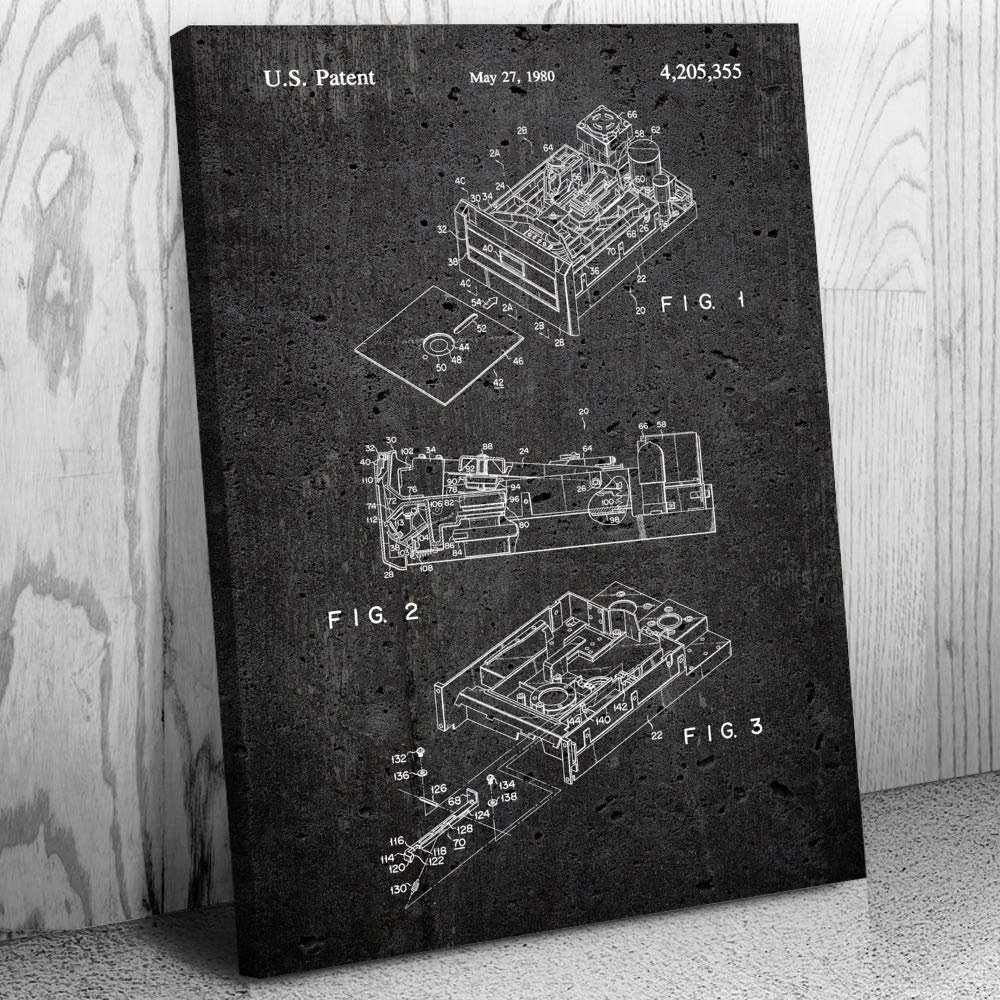 Patent Earth Floppy Disk Drive Canvas Print, Computer Science Art, Programmer Gift, Disk Drive Art Print, Computer Lab Art Dark Concrete (12 inch x 18 inch)