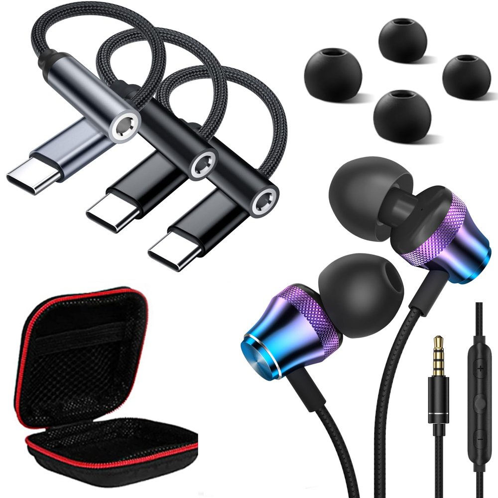 3 Pack USB-C to 3.5 mm Headphone Jack Adapter, 3.5mm Jack Earbuds Wired Earphone for Chromebook PC Laptop Samsung Galaxy S10 A25 A15 5G Plug in Ear Buds Noise Canceling HiFi Stereo in Ear Headset