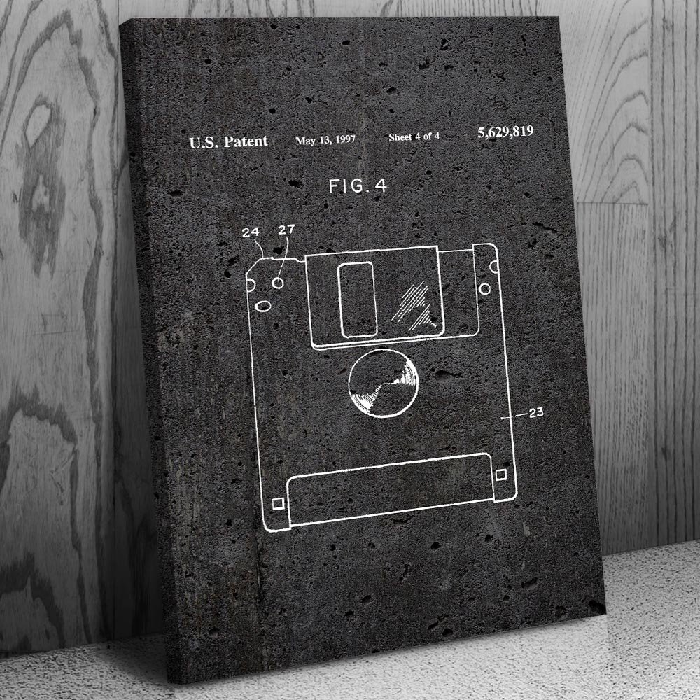 Patent Earth Floppy Disk Canvas Print, Programmer Gift, Computer Science Art, IT Tech Gift, Floppy Disk Art Print, Computer Decor Dark Concrete (11 inch x 17 inch)