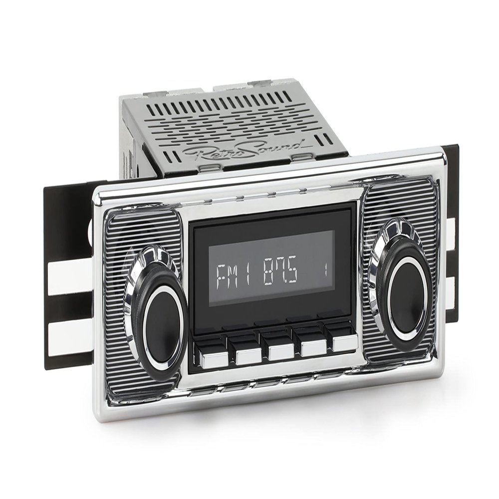 RetroRadio Compatible with 1966-68 Mercedes-Benz 200 with Pinstripe/Chrome Faceplate Features Include Bluetooth, AUX, AM/FM LABC-M1-308-509-39-78M14