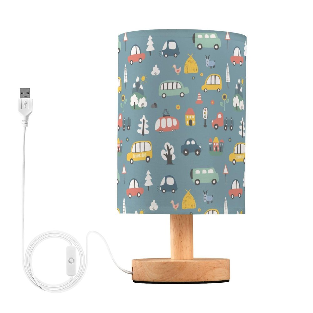 YYZZH Table Lamp Cute Cars Pattern Cartoon Transportation Doodle Nightstand Lamp with Wood Base Fabric Lamp Shade Bedside Desk Lamp for Living Room Bedroom Kids Room Office