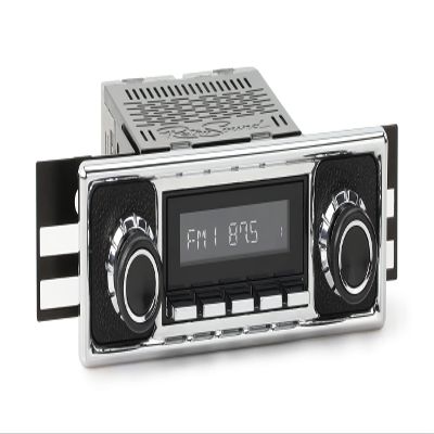 RetroRadio Compatible with 1966-68 Mercedes-Benz 200 with Black Pebbled/Chrome Faceplate Features Include Bluetooth, AUX, AM/FM LABC-M1-308-409-39-78M3