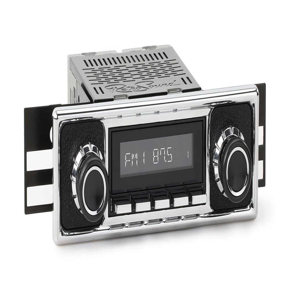 RetroRadio Compatible with 1966-68 Mercedes-Benz 200 with Black Pebbled/Chrome Faceplate Features Include Bluetooth, AUX, AM/FM LABC-M1-308-409-39-78M3