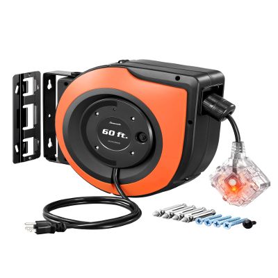 DEWENWILS 60 FT Retractable Extension Cord Reel with 6 Grounded Outlets, Twist-lock Stopper Heavy Duty Power Cord, 15A Circuit Breaker, Wall/Ceiling Mounted for Garage, Workshop, ETL Listed