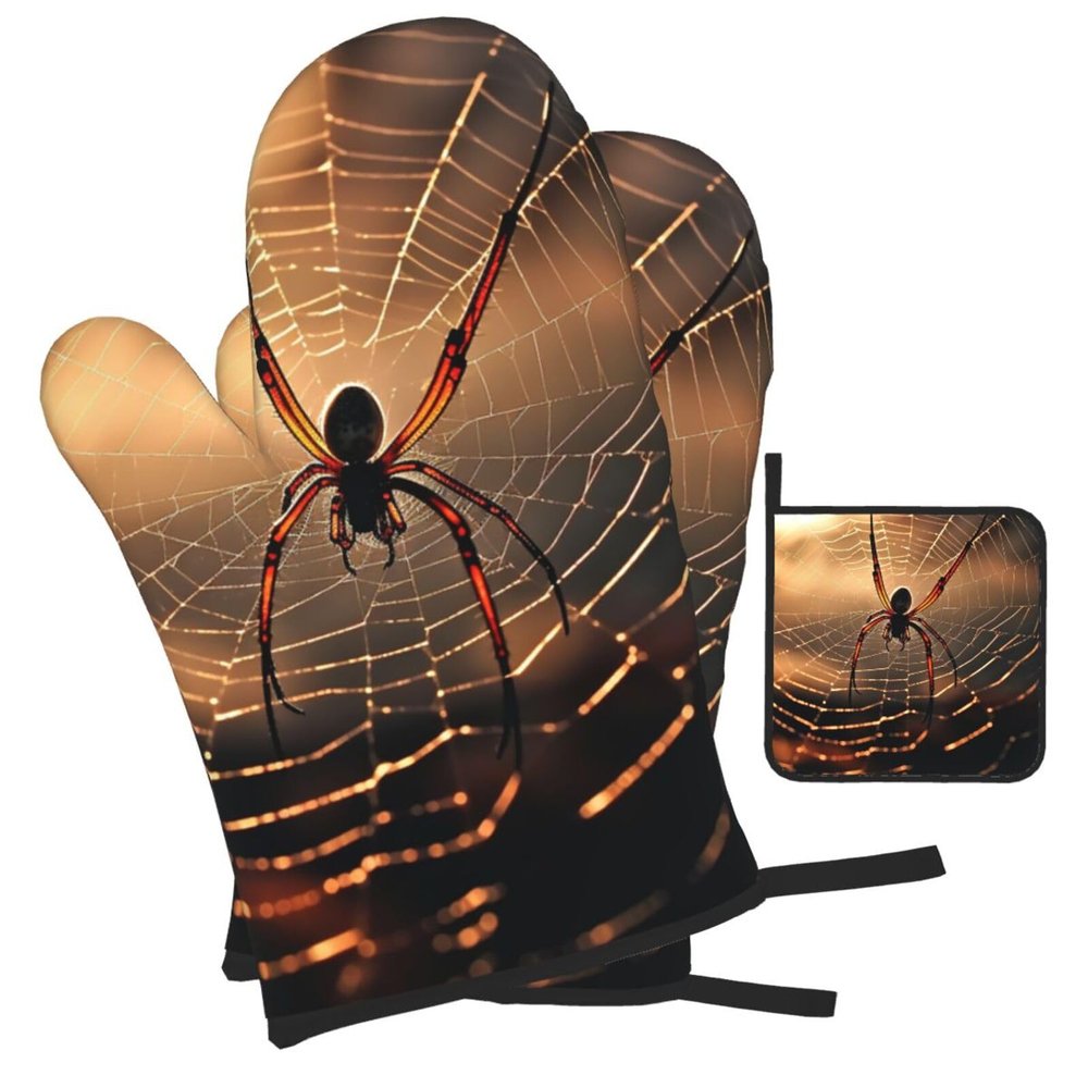 Oven Mitts and Pot Holders 3 pcs Set Oven Glove for Cooking Cobwebs with a Spider Oven Mitt Heat Resistant Kitchen Oven Gloves and Hot Pads Non-Slip Cooking Gloves for Baking Kitchen Hot Pads