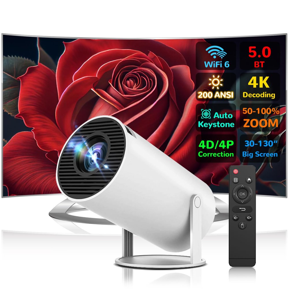 HY300Pro Mini Projector 4K,1080P Smart Portable Projector WiFi 6 5G Wireless Auto Keystone Correction 200 ANSI 8000 Lumens BT 5.0 130 Inch Screen Adjustment 270 Degree Flip Built in Android 11.0
