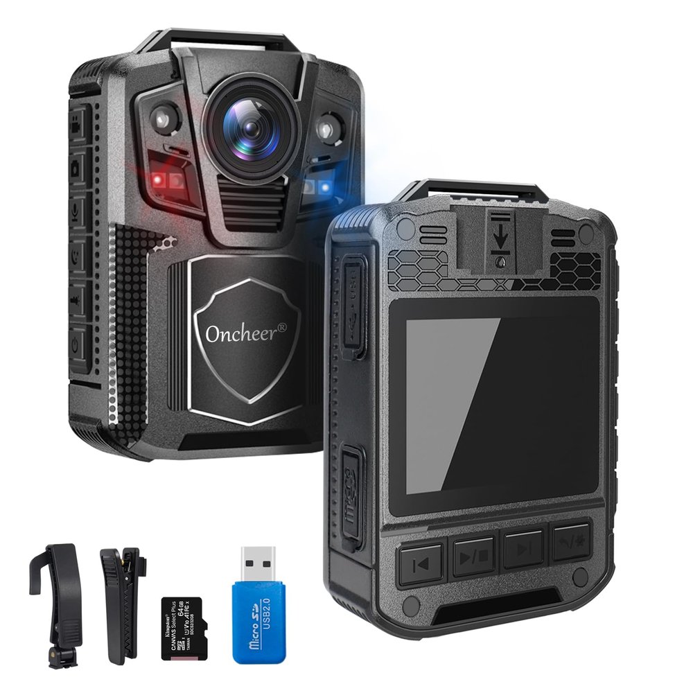 ONCHEER 1296P Patrol Sport Body Camera, Video Recorder Cams with 64G SD Card, Shoulder & Waist Clip, Infrared Night Vision Bodycam, 12H Continous Record for Police Security Guards Sporting Trip