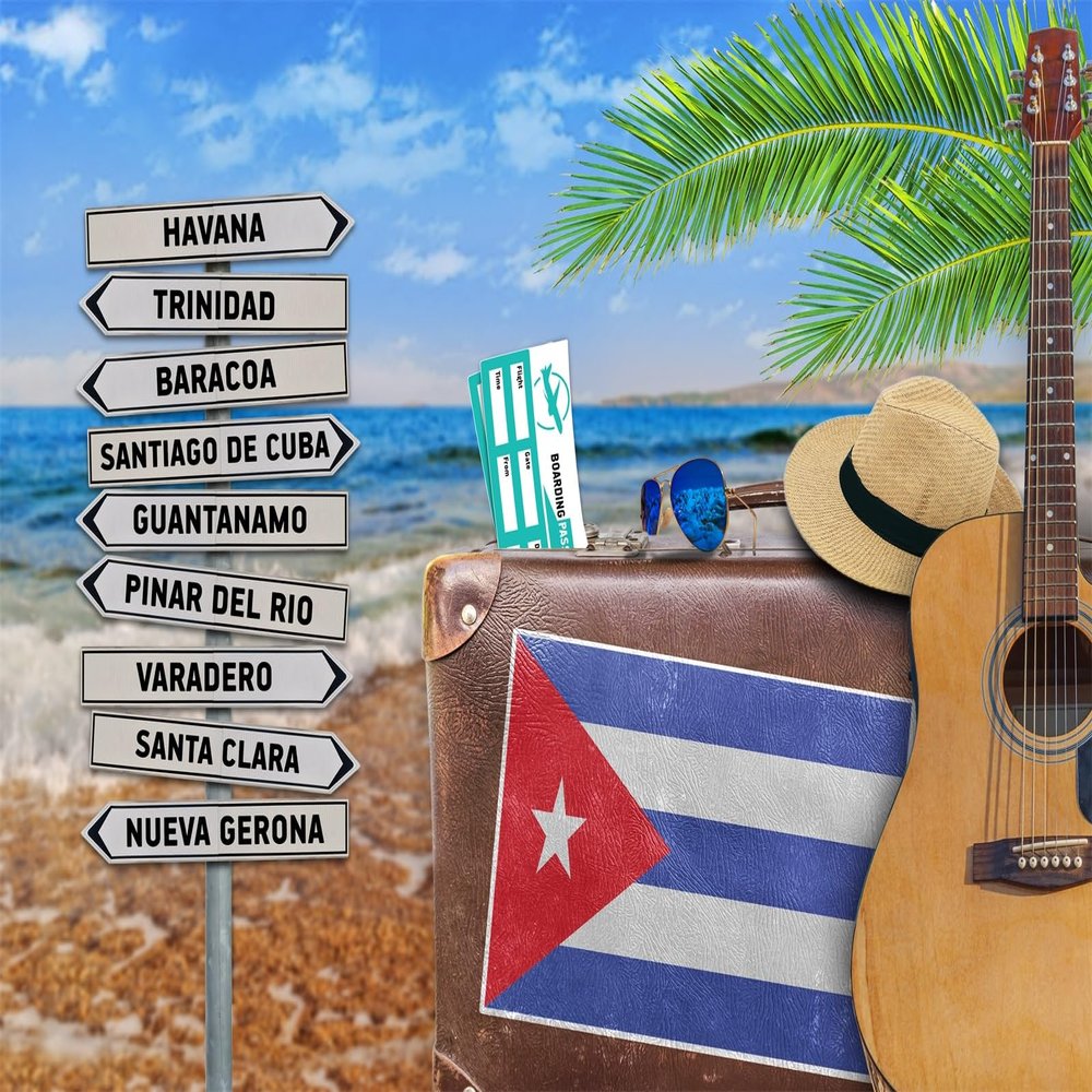 CORFOTO 5x3ft Fabric Tropical Summer Beach Sign Backdrop for Photography Old Suitcase and Cuba Town Sign Background for Travel Birthday Party Wedding Portrait Natural Scenery Photo Props
