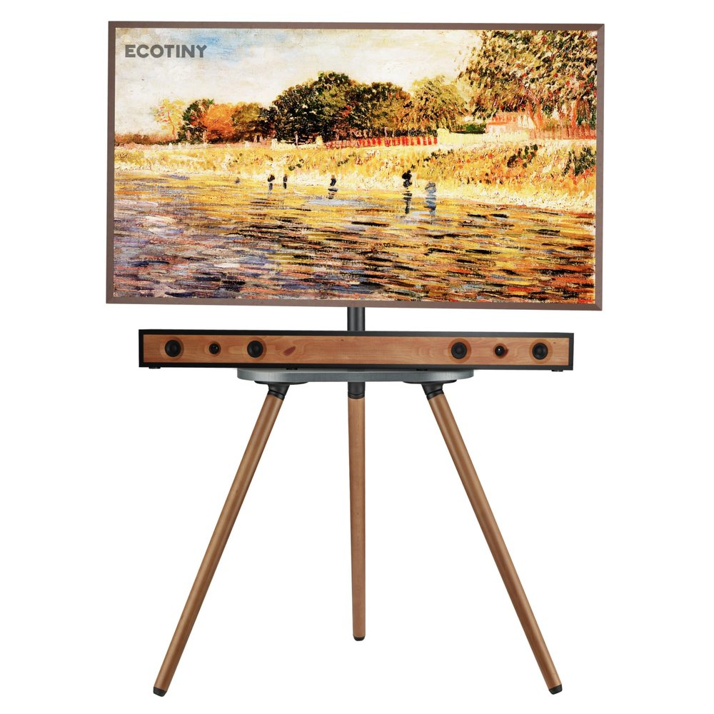 ECOTINY Tripod Easel TV Stand for 43 to 65 Inch LCD LED OLED Screen, Height Adjustable and Swievel TV Stand, Portable Corner TV Floor Stand with Wooden Tray, VESA 400x400mm, Minimalist Black Walnut