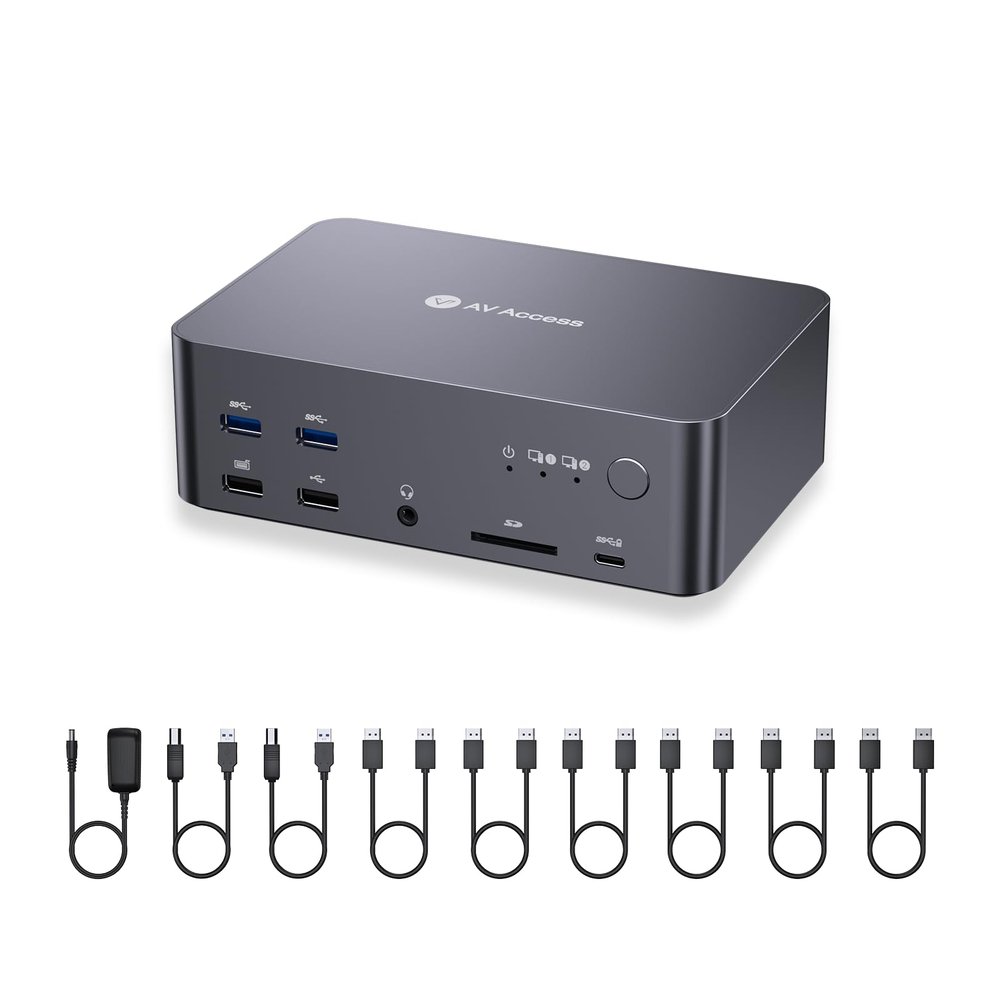 (Desktop only) AV Access KVM Switch 3 Monitors 2 Computers 8K@60Hz, with 6 DP Cables, DisplayPort 2.0, 1G Ethernet, USB 3.0, Docking Station Triple Monitor, 4K@165/144Hz, 2K@144Hz for Dell HP