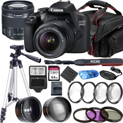 Canon EOS 2000D/Rebel T7 DSLR Camera w/EF-S 18-55mm F/3.5-5.6 Zoom Lens+Tripod+Accessory Bundle (Renewed), Black