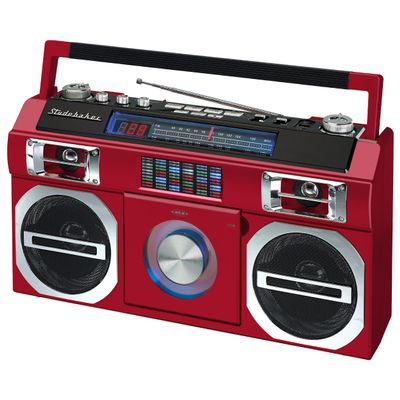 Studebaker SB2149R Master Blaster Bluetooth Boombox with AM/FM Radio, USB Port, CD Player with MP3 Playback, LED EQ and 10 Watts RMS Speaker in Red