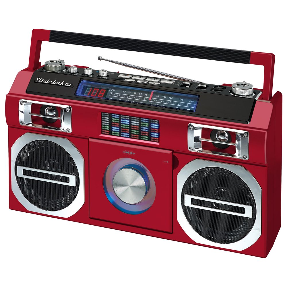 Studebaker SB2149R Master Blaster Bluetooth Boombox with AM/FM Radio, USB Port, CD Player with MP3 Playback, LED EQ and 10 Watts RMS Speaker in Red