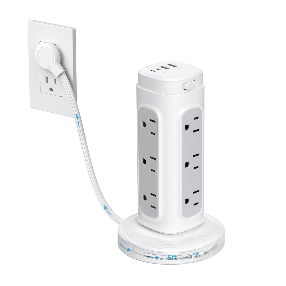 TROND Retractable Power Strip Tower - Surge Protector with USB C Ports PD 20W, 5ft Flat Plug Extension Cord with 12 Outlets, 4 USB, 1700J Protection, Home Office Desk Supplies, Dorm Room Essentials