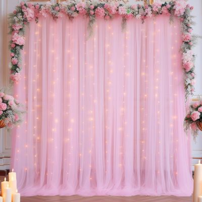 10x10ft Pink Tulle Backdrop Curtain with Lights String for Parites, Sheer Backdrop Curtains for Baby Shower Wedding Birthday Party Photo Shoot Decorations